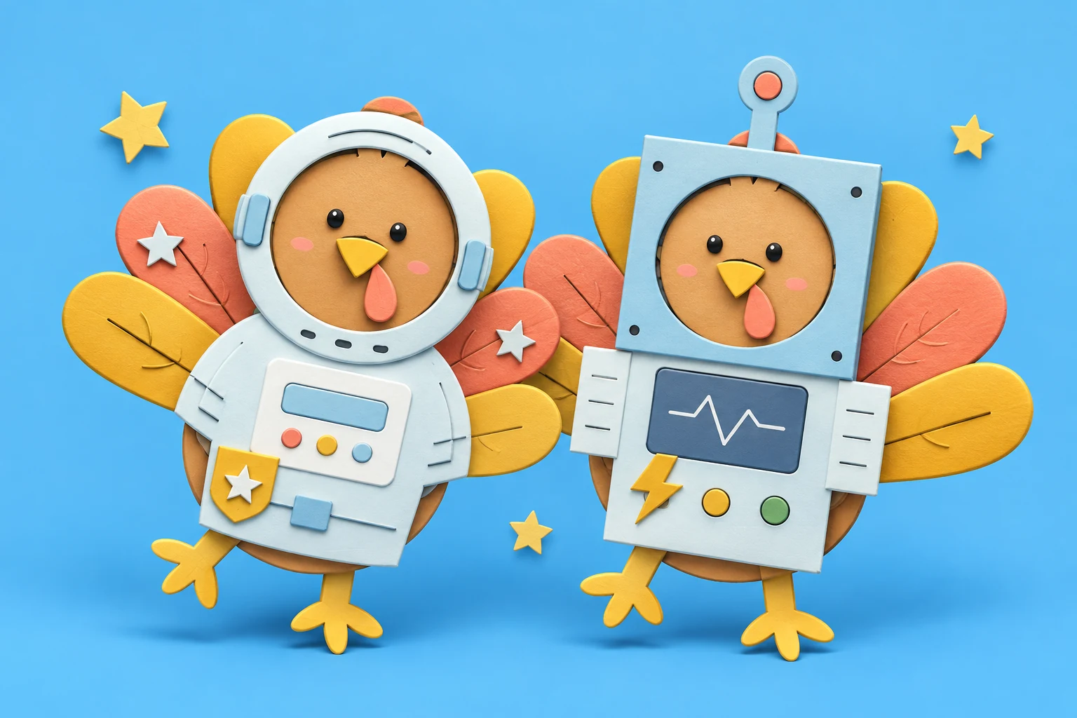 Playful 3D illustration of our astronaut and robot turkey characters, made to look like layered paper